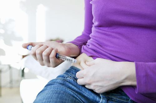 Woman giving herself insulin.